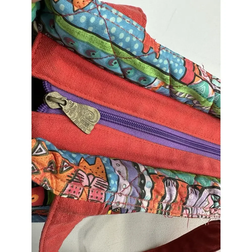 Laurel Burch Colorful Cat Print Quilted Shoulder Tote Bag Purse Whimsical Art